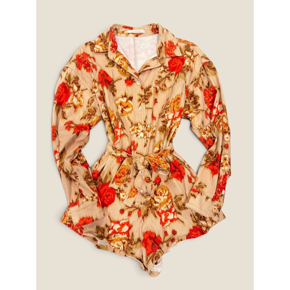 Olivaceous Tan Floral Fall Autumn Romper Long Sleeve Tie Waist Floral Cute Small